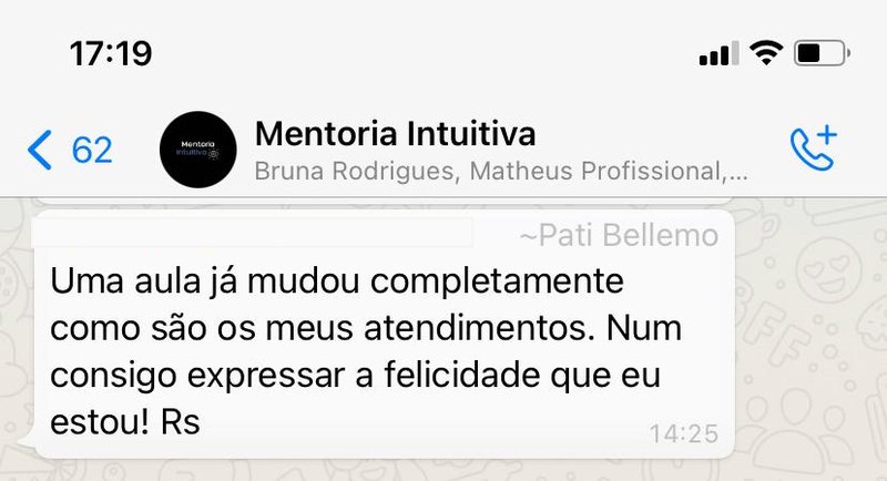 Mensagem de Pati Bellemo via WhatsApp: Uma aula já mudou completamente como são os meus atendimentos.